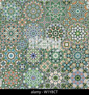 Vector set of octagonal and square ornaments. Decorative and design elements for textile, book covers, manufacturing, gift wrap. Oriental motif, green Stock Vector
