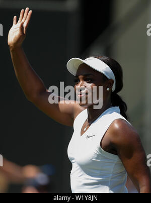 London, Britain. 4th July, 2019. Sloane Stephens of the United States celebrates after the women's singles second round match with Wang Yafan of China at the 2019 Wimbledon Tennis Championships in London, Britain, on July 4, 2019. Credit: Han Yan/Xinhua/Alamy Live News Stock Photo