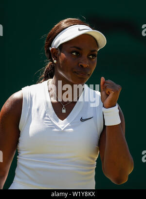 London, Britain. 4th July, 2019. Sloane Stephens of the United States celebrates after the women's singles second round match with Wang Yafan of China at the 2019 Wimbledon Tennis Championships in London, Britain, on July 4, 2019. Credit: Han Yan/Xinhua/Alamy Live News Stock Photo