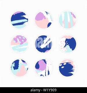 Vector set of abstract Highlight covers backgrounds. Design templates icons for social media stories. Round emblems of colorful bright Brush stroke . Stock Vector