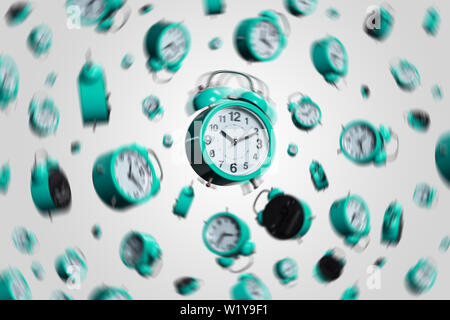full frame shot of floating alarm clocks . time ponctuality concept . ringing clocks