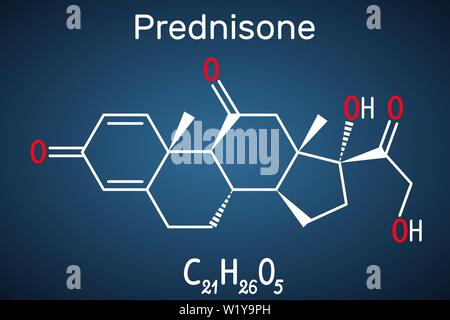 Prednisone molecule. A synthetic anti-inflammatory glucocorticoid derived from cortisone. Structural chemical formula on the dark blue background Stock Vector