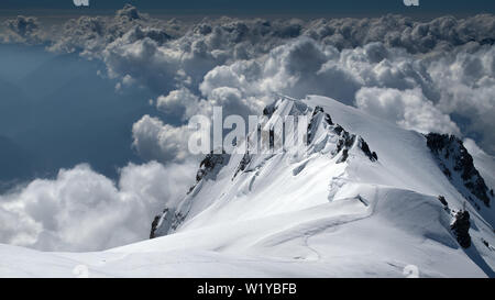 Amazing view from the highest mountain in Western Europe. Mont Blanc (French) or Monte Bianco (Italian), France and Italy. Stock Photo