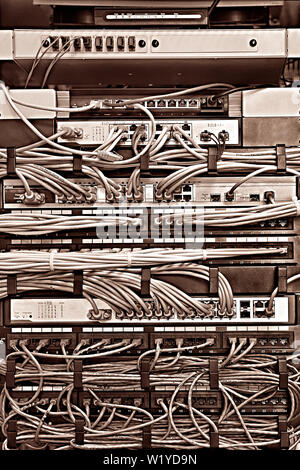 Patch Panel server rack with cords in different colors Stock Photo