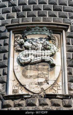 Detail of the Sforza Castle (Castello Sforzesco) with the coat of arms of the noble family of the Visconti. Milan, Lombardy, Italy, Europe Stock Photo