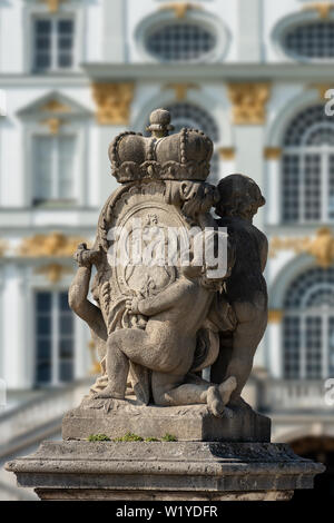 Coat of arms with children and crown in the Nymphenburg Palace of Munich (Schloss Nymphenburg - Castle of the Nymphs). Bavaria, Germany Stock Photo