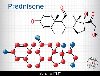 Prednisone molecule. A synthetic anti-inflammatory glucocorticoid derived from cortisone. Structural chemical formula and molecule model. Sheet of pap Stock Vector