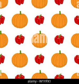 Seamless pattern with fresh pumpkin and bell pepper vegetables. Organic food. Cartoon style. Vector illustration for design, web, wrapping paper, fabr Stock Vector