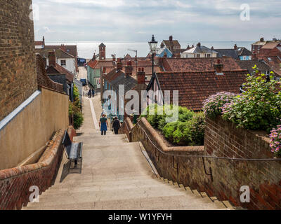 View down the Town Steps toward the Beach Lookout on the seafront at Aldeburgh Suffolk England Stock Photo