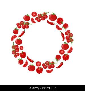 Red wreath from tomato, bell pepper, chilli pepper, cherry tomato. Fresh vegetables. Organic food. Vector illustration on white background. Stock Vector