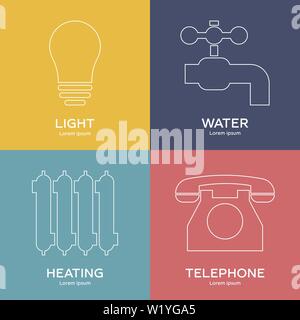 Line style icons of utilities. Symbols of light, water, heating, telephone. Clean and modern vector illustration for design, web. Stock Vector