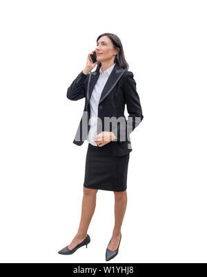 Leader business woman stand talking with smartphone, isolated on white background Stock Photo
