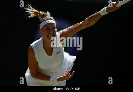 London, Britain. 4th July, 2019. Petra Kvitova of Czech Republic competes during the women's singles second round match with Kristina Mladenovic of France at the 2019 Wimbledon Tennis Championships in London, Britain, on July 4, 2019. Credit: Han Yan/Xinhua/Alamy Live News Stock Photo