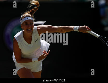 London, Britain. 4th July, 2019. Petra Kvitova of Czech Republic competes during the women's singles second round match with Kristina Mladenovic of France at the 2019 Wimbledon Tennis Championships in London, Britain, on July 4, 2019. Credit: Han Yan/Xinhua/Alamy Live News Stock Photo