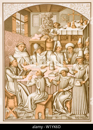 Settlement of accounts by the brotherhood of Charite-Dieu and Notre-Dame of the Recovery of Rouen in 1466. 19th century reproduction of a 15th century miniature in Livre des Comptes of the Society Stock Photo