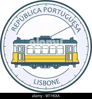 Vintage tram of Lisbon - symbol, Portugal, tramway in Lisbon emblem Stock Vector