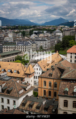 Panoramic view of the city from the South Tower of the St Peter’s Cathedral, Old Town, Geneva, Switzerland Stock Photo