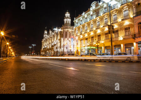 Havana, Cuba - May 27, 2019: Beautiful view of the streets of Old Havana City during a vibrant night after sunset. Stock Photo