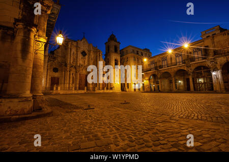 Beautiful view of The Cathedral of the Virgin Mary the Cathedral Plaza in Havana, Capital of Cuba, during a vibrant sunny sunrise. Stock Photo