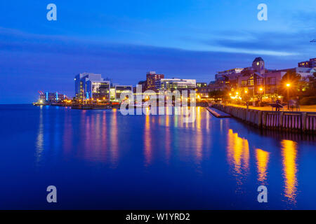 Night view of harbor and downtown buildings, in Halifax, Nova Scotia, Canada Stock Photo