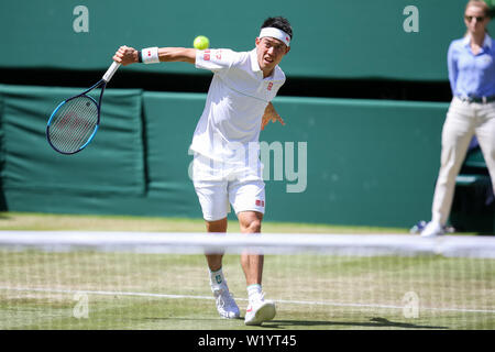 London, UK. 4th July, 2019. Kei Nishikori of Japan during the men's singles second round match of the Wimbledon Lawn Tennis Championships against Cameron Norrie of Great Britain at the All England Lawn Tennis and Croquet Club in London, England on July 4, 2019. Credit: AFLO/Alamy Live News Stock Photo