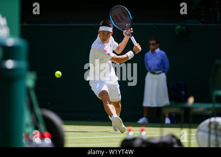 London, UK. 4th July, 2019. Kei Nishikori of Japan during the men's singles second round match of the Wimbledon Lawn Tennis Championships against Cameron Norrie of Great Britain at the All England Lawn Tennis and Croquet Club in London, England on July 4, 2019. Credit: AFLO/Alamy Live News Stock Photo