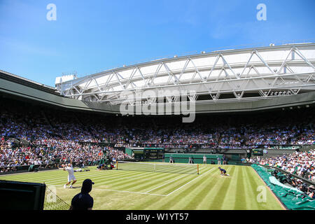 London, UK. 4th July, 2019. A general view during the men's singles second round match of the Wimbledon Lawn Tennis Championships between Kei Nishikori of Japan and Cameron Norrie of Great Britain at the All England Lawn Tennis and Croquet Club in London, England on July 4, 2019. Credit: AFLO/Alamy Live News Stock Photo