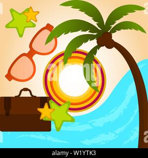 Summer vacation image with a vintage travel bag, sunglasses, starfishes and abstract sun on a seashore - Vector Stock Vector