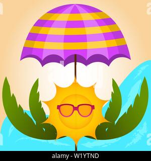 Summer vacation image with a beach umbrella, sun and palm tree leaves on a seashore - Vector Stock Vector