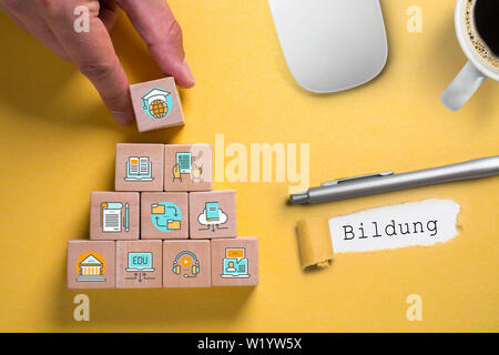 components of digital learning as icons on cubes and the word "education" in German on colorful background Stock Photo