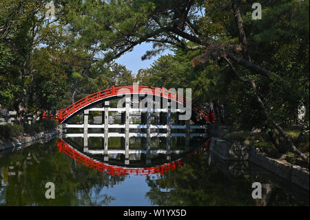 Sumiyoshi Taisha Bridge Shrine Osaka, Japan 17 March 2019. Sumiyoshi Taisha Grand Shrine in Osaka. Stock Photo