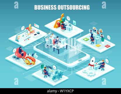 Global outsourcing, distributed team, freelance job.concept. Vector of company employee working in different offices managed remotely by a leader. Stock Vector