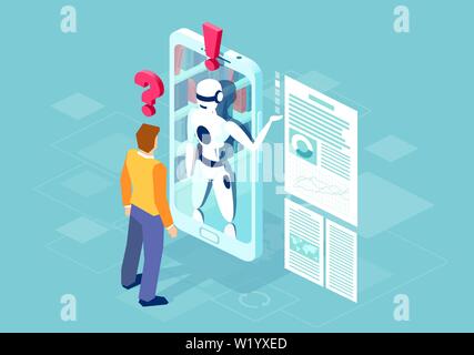 Vector of a man asking a question a robot online on mobile phone. Communication with AI concept. Stock Vector