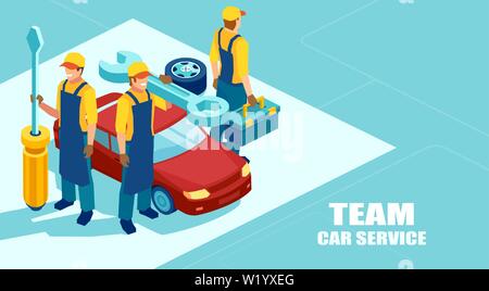 Auto repair shop concept. Isometric vector of a mechanic team, group of technicians with a screwdriver and tools ready to fix a car offer a profession Stock Vector
