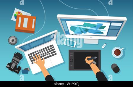 Vector of modern creative office work space of a graphic designer, image retoucher professional working on tablet and desktop Stock Vector