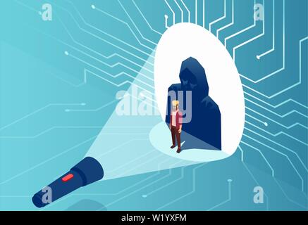 Vector of a flashlight pointing at a hacker. Cyber attack and personal data security protection concept. Computer safety technology.