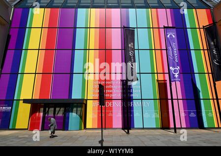 Coutts Bank decked in Rainbow Colours. The Strand, Shops and businesses display rainbow colours prior to the Pride in London Celebrations this weekend. London. UK Stock Photo