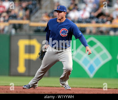 July 3, 2019: Chicago Cubs shortstop Javier Baez (9) in action during the  Major League Baseball game between the Chicago Cubs and Pittsburgh Pirates  at PNC Park, in Pittsburgh, Pennsylvania. (Photo Credit