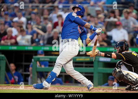 July 3, 2019: Chicago Cubs shortstop Javier Baez (9) in action during the  Major League Baseball game between the Chicago Cubs and Pittsburgh Pirates  at PNC Park, in Pittsburgh, Pennsylvania. (Photo Credit