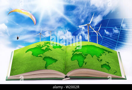 earth image illustrated in an open book on a background of clean energy Stock Photo