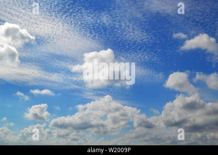 A lot of white clouds of different types: cumulus, cirrus, layered high in blue sky on a sunny day. Cloud types and atmospheric phenomena. Skyscape. Stock Photo