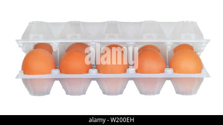 Raw brown chicken eggs in half-opened white semitransparent plastic packaging isolated on white background Stock Photo