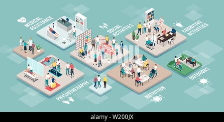 Professional seniors assistance and retirement home services: medical staff and elderly people together doing different activities, isometric infograp Stock Vector