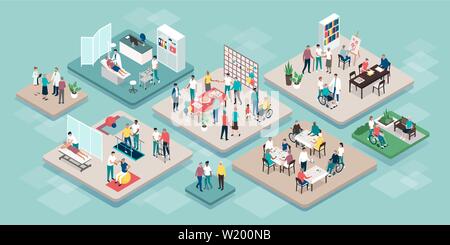 Professional seniors assistance and retirement home services: medical staff and elderly people together doing different activities, isometric infograp Stock Vector