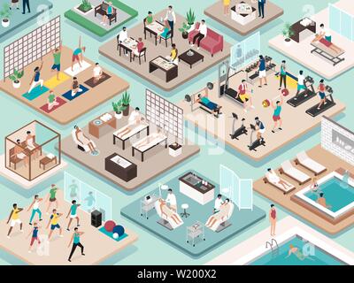 People practicing sports and fitness, relaxation and beauty treatments at the spa: wellness and healthy lifestyle concept, isometric vector interiors Stock Vector