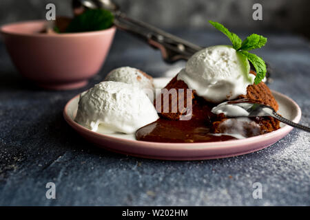 Lava cake. Lava cake with vanilla ice cream. Chocolate souffle. Stock Photo