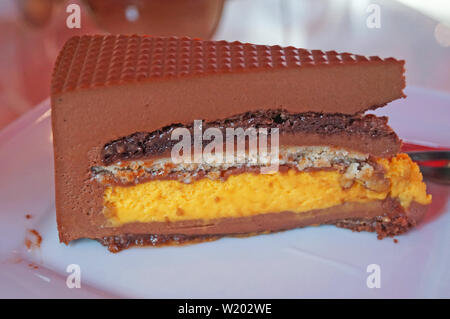 Cake with chocolate crust and mango layer covered with chocolate icing on a white plate Stock Photo
