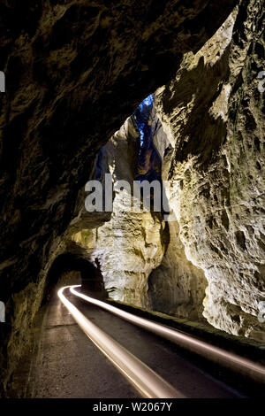 The 'Strada della Forra (Road of the Gorge) in Tremosine sul Garda. It was a location for a James Bond movie. Brescia province, Lombardy, Italy. Stock Photo