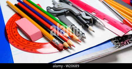 School supplies on a white background Stock Photo