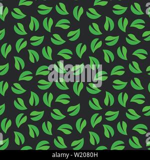 Vector seamless pattern with tea leaves on dark background. Wallpaper for website, cafe or textile. Stock Vector